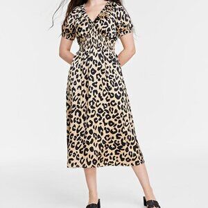 On 34 Th Leopard-Print V-Neck Satin Midi Dress